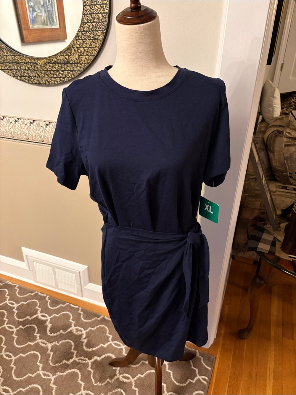 NEW Navy Tie-Waist Knit Dress w tags XL  stretch nice fabric would fit 10-16
